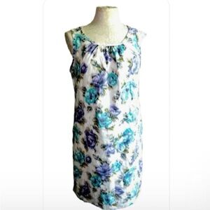Lands' End Watercolor Floral Sleeveless Shift Dress in Teal, Lavender & White
